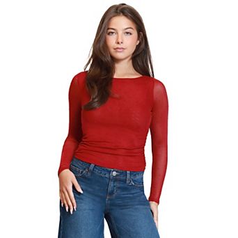 Juniors' madden girl Front Ruch Long Sleeve Bell Sleeve Lettuce Edge Top