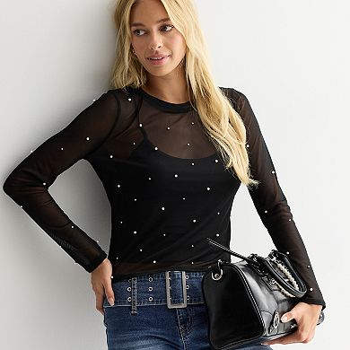 Juniors' Madden Girl Faux Pearl Stud Crewneck Mesh Top & Tank Top Set