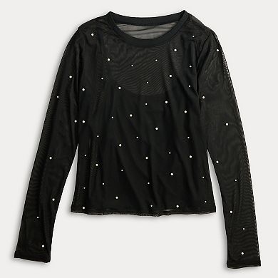Juniors' Madden Girl Faux Pearl Stud Crewneck Mesh Top & Tank Top Set