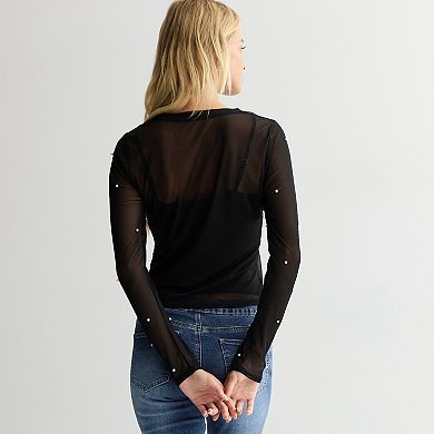 Juniors' Madden Girl Faux Pearl Stud Crewneck Mesh Top & Tank Top Set