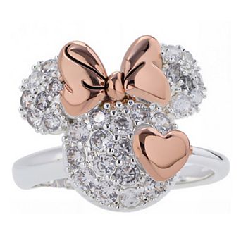 Disney's Minnie Mouse 14k Rose Gold & Fine Silver Over Brass Cubic Zirconia Pave Heart Adjustable Ring