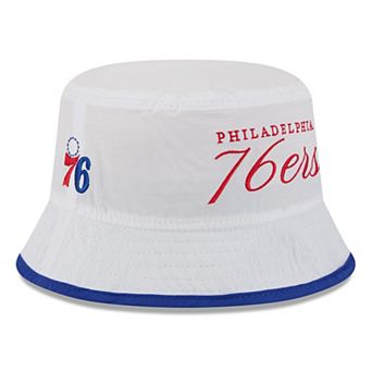 Men's New Era White/Royal Philadelphia 76ers 2025 NBA Draft Nylon Bucket Hat