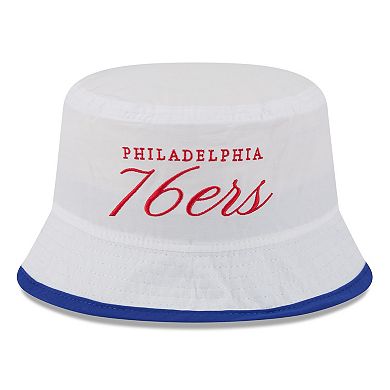 Men's New Era White/Royal Philadelphia 76ers 2025 NBA Draft Nylon Bucket Hat