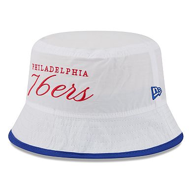 Men's New Era White/Royal Philadelphia 76ers 2025 NBA Draft Nylon Bucket Hat