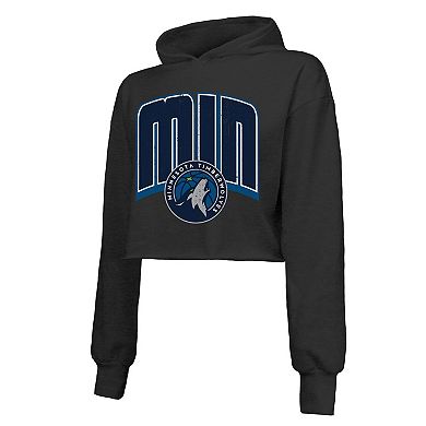 Women's Majestic Threads Black Minnesota Timberwolves Tri-Blend Cropped Pullover Hoodie