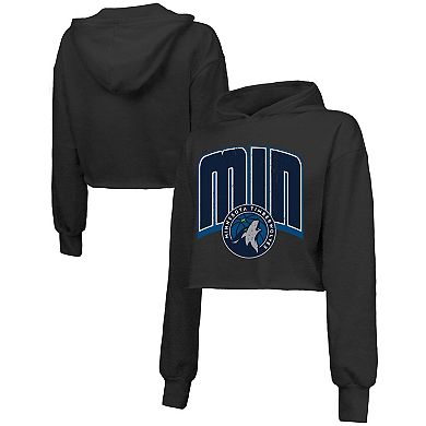 Women's Majestic Threads Black Minnesota Timberwolves Tri-Blend Cropped Pullover Hoodie