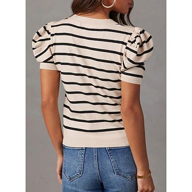 Trendy Puff Sleeve Women's Knit Top - Casual T-Shirts Blouses