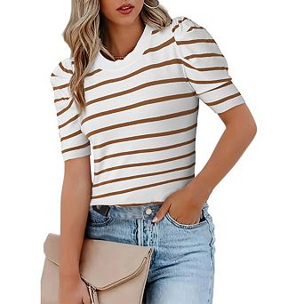 Trendy Puff Sleeve Women's Knit Top - Casual T-Shirts Blouses