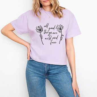Wild and Free Flowers - Women's Boxy Crop Top Graphic T-Shirt