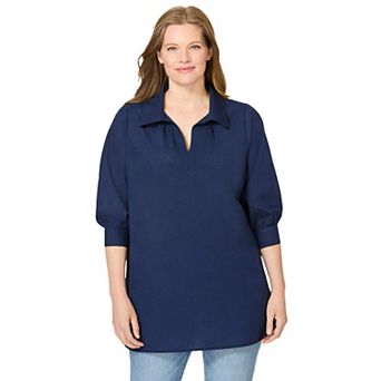 Woman Within Plus Size Three-Quarter Sleeve Popover Blouse