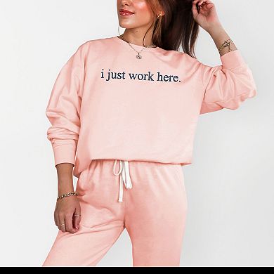 Simply Sage Market Embroidered I Just Work Here Lightweight Garment Dyed Sweatshirt