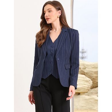 Striped Blazer for Women's Notched Lapel One Button Long Sleeve Work Office Suit Jackets