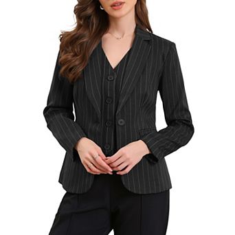 Striped Blazer for Women's Notched Lapel One Button Long Sleeve Work Office Suit Jackets