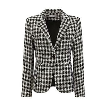 Women's Plaid Tweed Blazers Notched Lapel Long Sleeve Work Office Jackets