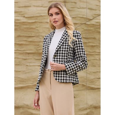 Women's Plaid Tweed Blazers Notched Lapel Long Sleeve Work Office Jackets