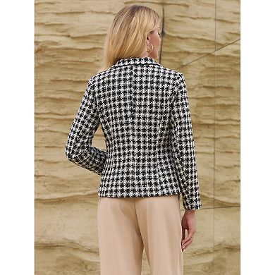 Women's Plaid Tweed Blazers Notched Lapel Long Sleeve Work Office Jackets