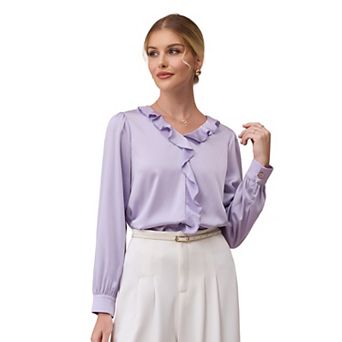 Women's Elegant Satin Top Ruffle V Neck Long Sleeve Office Work Dressy Shirt Top