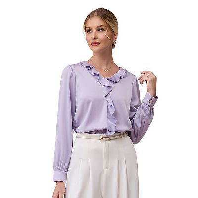 Women's Elegant Satin Top Ruffle V Neck Long Sleeve Office Work