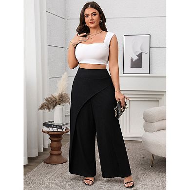 Faux Wrap Palazzo Pants for Plus Size Women Mid Rise Plus Size Wide Leg Pants Asymmetric Pants