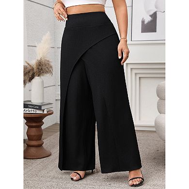 Faux Wrap Palazzo Pants for Plus Size Women Mid Rise Plus Size Wide Leg Pants Asymmetric Pants