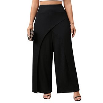 Faux Wrap Palazzo Pants for Plus Size Women Mid Rise Plus Size Wide Leg Pants Asymmetric Pants