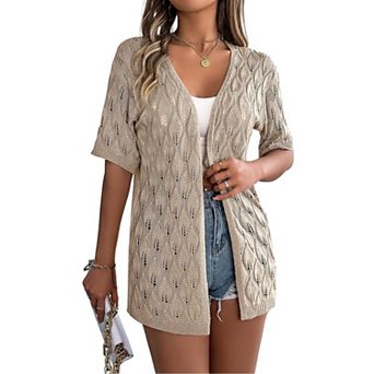 Women's Lightweight Crochet Cardigan Sweater Short Sleeve Knit Hollow Out Sun Protective Cover Up