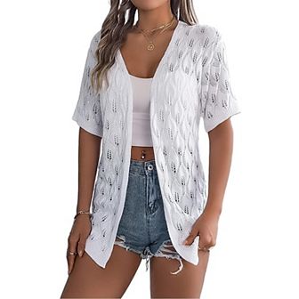 Women's Lightweight Crochet Cardigan Sweater Short Sleeve Knit Hollow Out Sun Protective Cover Up
