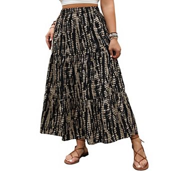 Women's Plus Size Boho Maxi Skirt Elastic High Waist Bohemian Work Flowy Long Skirt