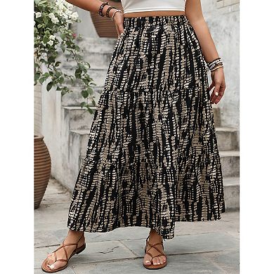 Women's Plus Size Boho Maxi Skirt Elastic High Waist Bohemian Work Flowy Long Skirt