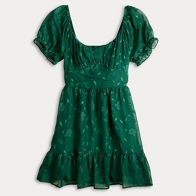 Juniors' Liberty Love Floral Chiffon Puff Sleeve Skater Dress