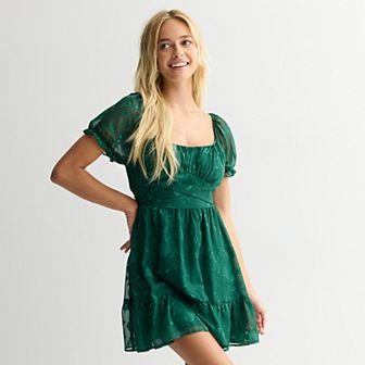 Juniors' Liberty Love Floral Chiffon Puff Sleeve Skater Dress