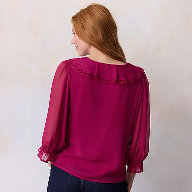 Petite LC Lauren Conrad 3/4 Sleeve Ruffle Front Blouse with Tucks