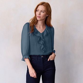 Petite LC Lauren Conrad 3/4 Sleeve Ruffle Front Blouse with Tucks