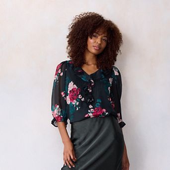 Petite LC Lauren Conrad 3/4 Sleeve Ruffle Front Blouse with Tucks