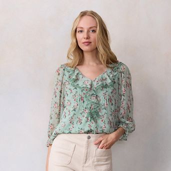 Petite LC Lauren Conrad 3/4 Sleeve Ruffle Front Blouse with Tucks