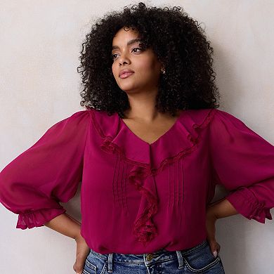 Plus Size LC Lauren Conrad 3/4 Sleeve Ruffle Front Blouse with Tucks