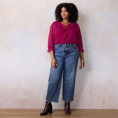 Plus Size LC Lauren Conrad 3/4 Sleeve Ruffle Front Blouse with Tucks