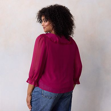 Plus Size LC Lauren Conrad 3/4 Sleeve Ruffle Front Blouse with Tucks