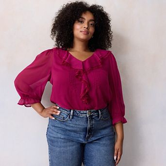 Plus Size LC Lauren Conrad 3/4 Sleeve Ruffle Front Blouse with Tucks