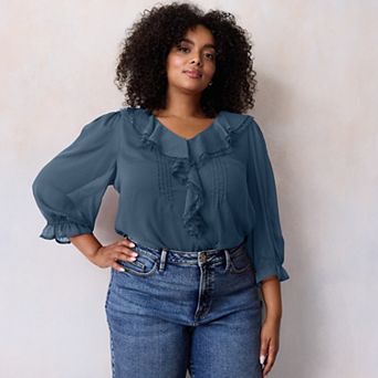 Plus Size LC Lauren Conrad 3/4 Sleeve Ruffle Front Blouse with Tucks