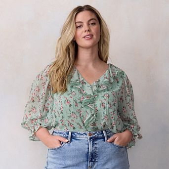 Plus Size LC Lauren Conrad 3/4 Sleeve Ruffle Front Blouse with Tucks