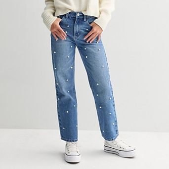 Girls 7-16 Gogo Star Pearl Embellished Wide Leg Jeans with Back Elastic Waistband