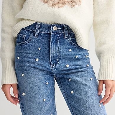 Girls 7-16 Gogo Star Pearl Embellished Wide Leg Jeans with Back Elastic Waistband