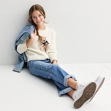 Girls 7-16 Gogo Star Pearl Embellished Wide Leg Jeans with Back Elastic Waistband
