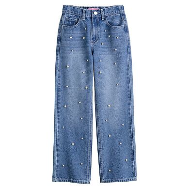 Girls 7-16 Gogo Star Pearl Embellished Wide Leg Jeans with Back Elastic Waistband