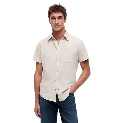 Men's Tommy Hilfiger Short Sleeve Linen Blend Woven Shirt, Size: Large, Classic Beige