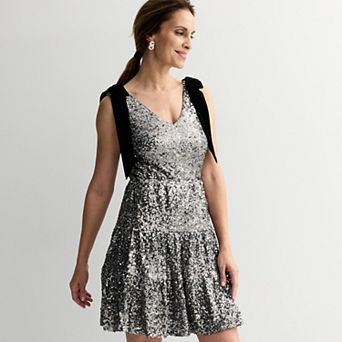 Women's MNK Tiered Sequin Dress with Bow Straps