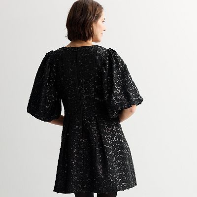 h&m puff sleeve sequin dress Women's Burgundy Sequined Mini Dress