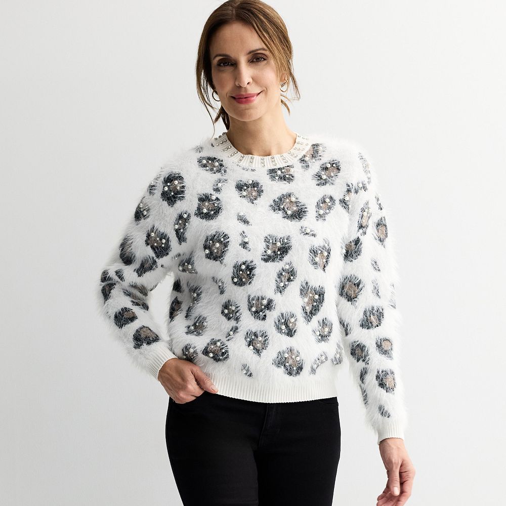 LAISHEN Women's Leopard Print Sweater - Loose Long Sleeve Crew Neck Knit Pullover, Animal Print Top, Size S