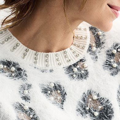 Women's Farmers Market Leopard Print Faux Pearl Accent Pullover Sweater